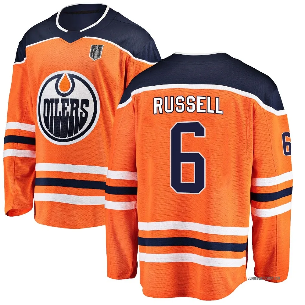 Breakaway Kris Russell Orange Edmonton Oilers Home 2025 Stanley Cup Final Jersey - Men's